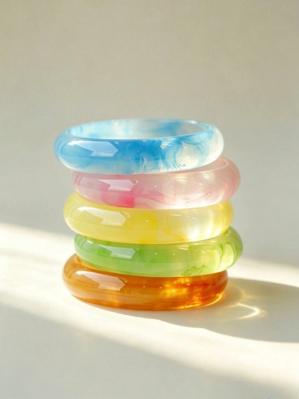 Rainbow Mix Marbled Resin Bangle Stack Set of 5 - Blue, Pink, Yellow, Green, Ora